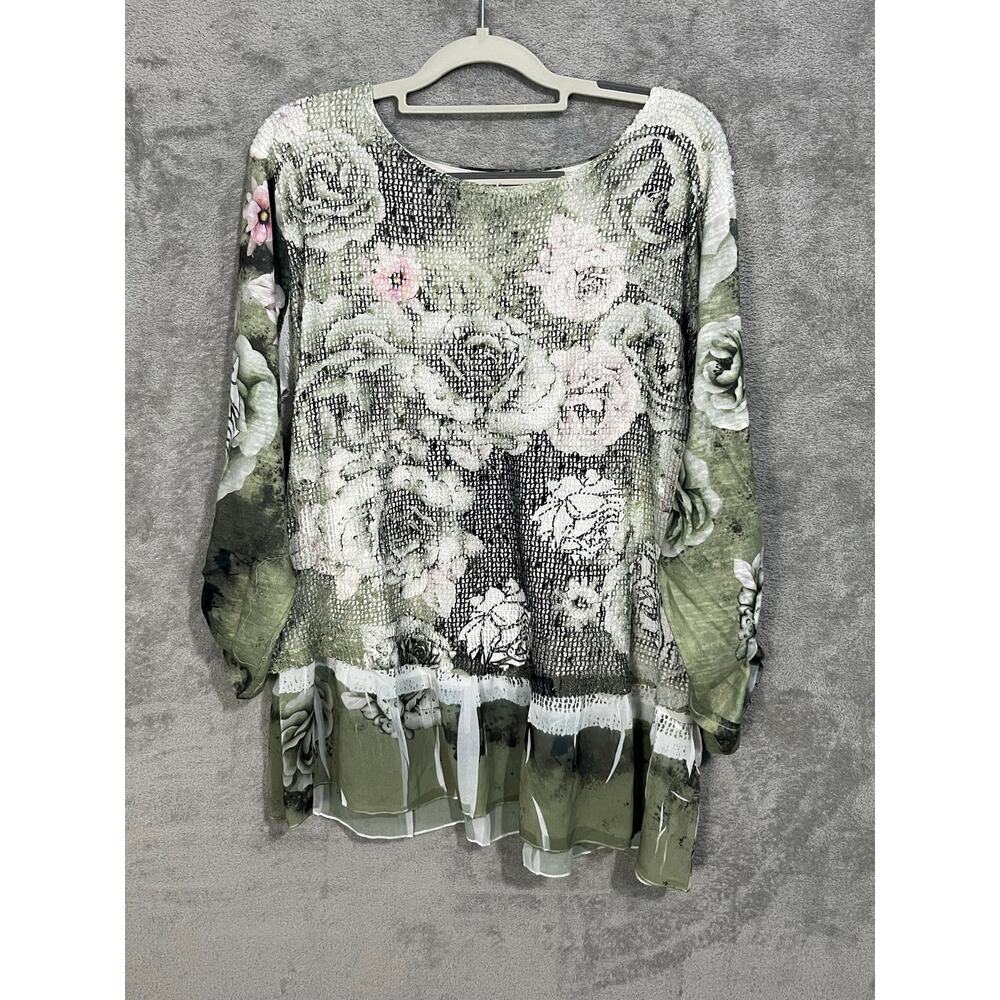 Ali Miles Blouse 1X Green Gliral Mixed Media Mesh Boho Spring Lagenlook